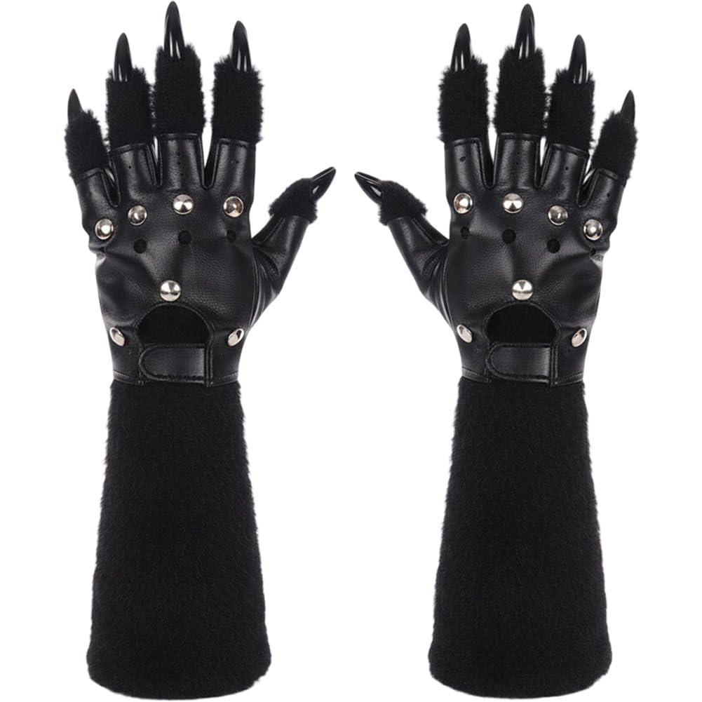 Fituenly Halloween Animal Claw Claws Gloves 1pair Plush Werewolf Claw Gloves Festival Cosplay Gloves Performance Props
