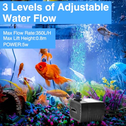 Editbar 2 Stück 5W Mini Wasserpumpen – Garten Leise Tauchpumpe für Zimmerbrunnen,Aquarium,Teich,Indoor Wasserfall,Regelbare Minipumpe mit 4 Bunten LED Licht,Düsen & Schlauch,350L/h,Max Förderhöhe 85cm