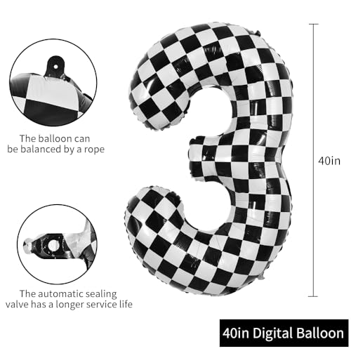 Image of TONIFUL 40 Inch Large Checkered Number 3 Balloon 3rd Birthday Decorations