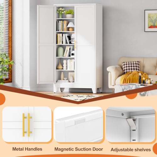 Image of White Metal Storage Cabinet, 79 inch Steel Cabinets for Home Office | Kitchen Pantry Storage Cabinet with Doors, 5 Adjustable Shelves, Metal Pantry Cabinet, for Office, Home, School 40 inch W