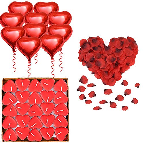 KIPIDA Kit Romántico, 1000 Pétalos de Rosa, 50 Rojo Velas en Forma de Corazón, 10 Globos Corazones Rojos, Día San Valentín Madre Boda para Fiestas de cumpleaños Navidad Decoración Cover
