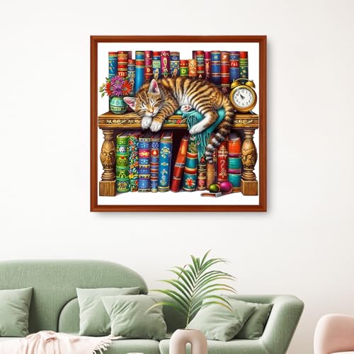 Image of Hopeart Stamped Cross Stitch Kits for Beginner Embroidery Kits for Beginners Adults DIY 11CT Cross Stitch Patterns Needlepoint Kits Crossstitching Kits-Cat Sleeping in on the Bookshelf 18x18 inchs