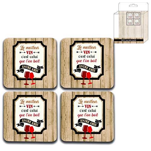 Vino de Francia Lot 12 Set 4 Coasters Vin Entre Amis, 10 x 10 cm, Multi-coloured