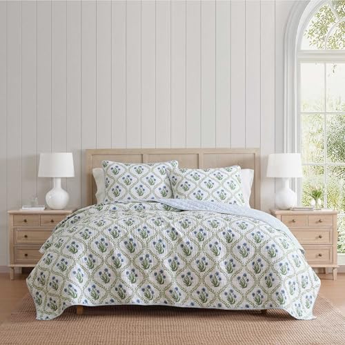 Image of Martha Stewart - Twin Quilt Set, 100% Soft Cotton Floral Bedding for Year Round Comfort, 2 Piece Bed Set with Matching Pillowcase (Chloe Green)