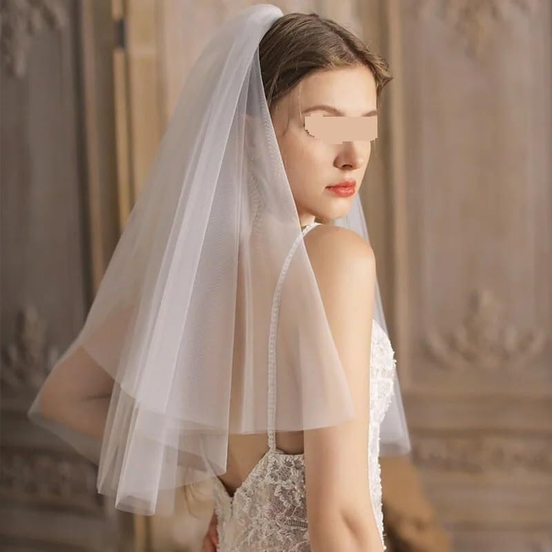 TGRTY Kurzer Brautschleier 75cm - Zweischichtig Tüll Schleier Mit Kamm Ivory