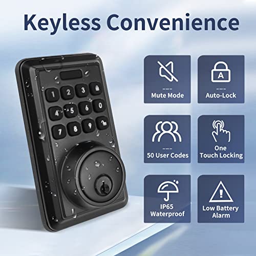 Electronic Keypad Door Lock With Handle, Keyless Entry Door Lock Deadbolt And Handle Set, Smart Door Lock For Front Door With Reversible Handles, Auto Locking, Anti-Peeking Password, Matte Black #TOP3