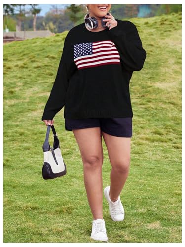Image of MakeMeChic Women's Plus Size American Flag Sweater Long Sleeve Crew Neck Knitted Fall Sweaters Black X-Large Plus