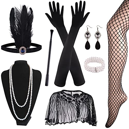 ELECLAND 10-teiliges 1920er Flapper Great Gatsby Accessoires-Set Fashion Roaring 20's Theme Set mit Stirnband, Kopfbedeckung, langen schwarzen Handschuhen, Halskette, Ohrringen für Frauen (Black) Cover