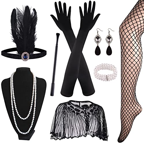 ELECLAND 10 Piezas 1920s Flapper Gran Gatsby Accesorios Set Moda Roaring 20's Theme Set con Diadema Tocado Largo Negro Guantes Collar Pendientes para Mujer