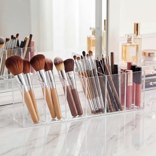 Image of Jetec Acrylic Pen Holder 6 Compartments Makeup Brush Stationery Organizer Pencil Holder for Desk Accessories, Cosmetic Brushes, Dorm, Home, Bathroom, Kitchen, Office Supplies(Clear)
