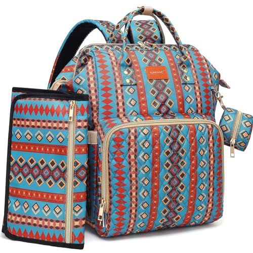 Image of ROSEGIN Western Boho Diaper Bag Backpack with Changing Pad Pacifier Case, Baby Bag for Boy Girl Toddler - 35L Large, Stylish Travel Diaper Bag for Mom - Baby Shower Gifts-Turquoise