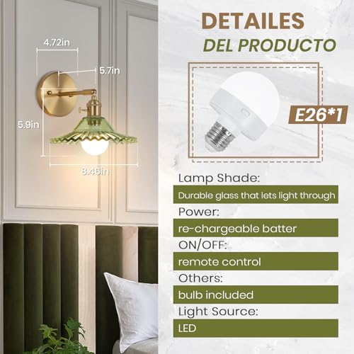 Image of Battery Operated Wall Sconce, Vintage Wall Sconce with Green Flower Pattern Glass Rechargeable, Battery Powered Wall Light with Remote Control for Bedroom,Living Room, Hallway, Aisle