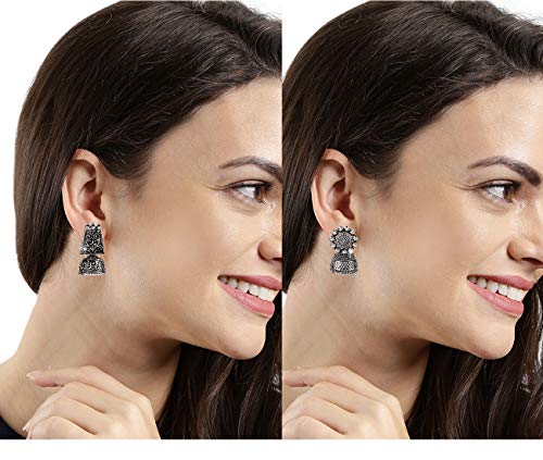 Image of Yellow Chimes Earrings for Women & Girls | Traditional Silver Oxidised Jhumka | German Silver Oxidized Drop Earring Set | Earrings Combo | Accessories Jewellery | Birthday & Anniversary Gift