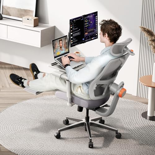 Image of Ergonomic Office Chair with Auto Adaptive Lumbar Support & Laptop Tray | Retractable Footrest,5D Headrest,4D Armrest,96-136 Lock Recline,BIFMA Aluminum Base,Grey Mesh for Home Gaming Work