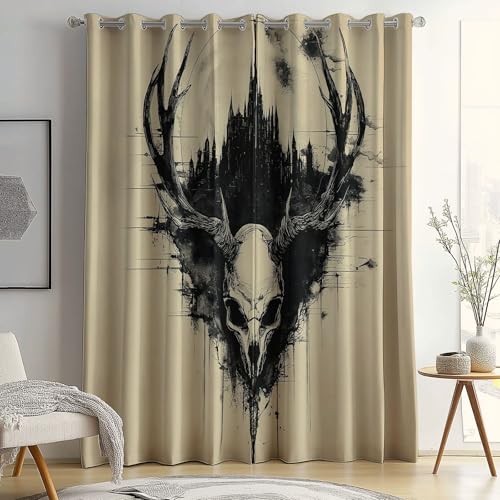 Cortinas Opacas con Aislamiento térmico, Estilo Gótico Oscuro Cortinas con Astas De Ciervo Calavera Estampadas, 70 x 160 cm (2 Paneles) para Dormitorio Salon Habitacion Cortinas de Casa con Ojales