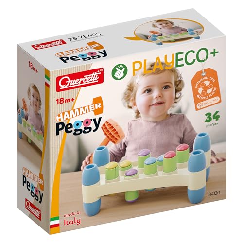 Image of Quercetti: PlayEco+ Hammer Peggy - Classic Peg Pounding Bench Toy, Interactive & Colorful Board, Preschool Cause-Effect Play, Toddler & Kids 18mo+