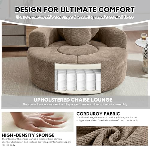 Image of Oversized Round Chair Lounge Chaise Indoor, 54.3 inch Upholstered Corduroy Deep Seat Single Cloud Sofa Chair with Heart-Shaped Pillow Modern Large Circle Boneless Couch for Living Room, Brown