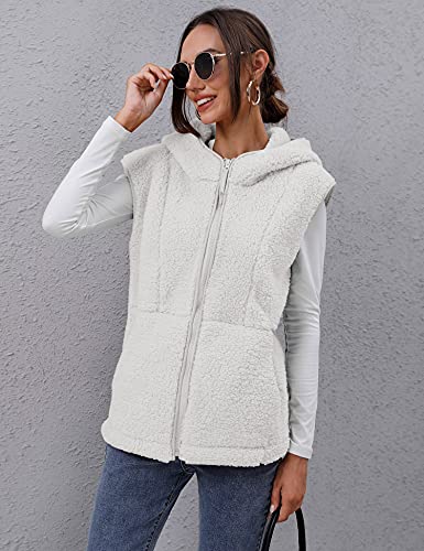 Tfsdod Womens Fuzzy Sherpa Fleece Vest Cozy Sleeveless Sweater Vests With Pocket Womens Fleece Zip Up Hooded Waistcoat Outerwear White L #TOP3