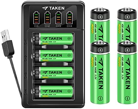Taken 14430 3.2 Volt Rechargeable Solar Battery with Charger, 3.2V 450mAh 14430 LiFePO4 Rechargeable Battery for Solar Panel Outdoor Garden Lights, 8 Pack 14430 Battery with 4-Ports LiFePO4 Charger