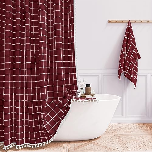 Image of BTTN Boho Farmhouse Shower Curtain, Linen Rustic Heavy Duty Fabric Shower Curtain Set with Tassel, Water Repellent, Bohemian Vintage Country Thick Cloth Shower Curtains for Bathroom - Burgundy - 72x72
