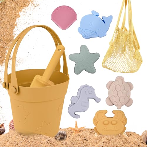 LUFEIS Sandspielzeug Set 9 Stück Sandspielzeug Set aus Silikon Strandspielzeug für Familie mit Eimer Netzbeutel Sandformen Weichem Kunststoff Spielzeug Strand für Outdoor Spielzeug