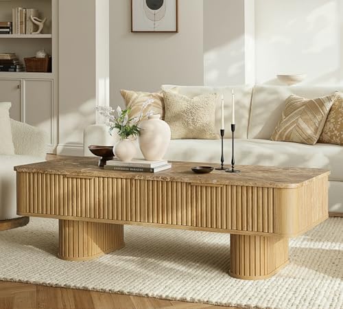 win2win Fluted Coffee Table with Storage, Boho Modern Coffee Table with Faux Marble Top, Minimalist Rectangle Center Table with Sculptural Pedestal Legs & Drawers for Living Room, Office, Oak