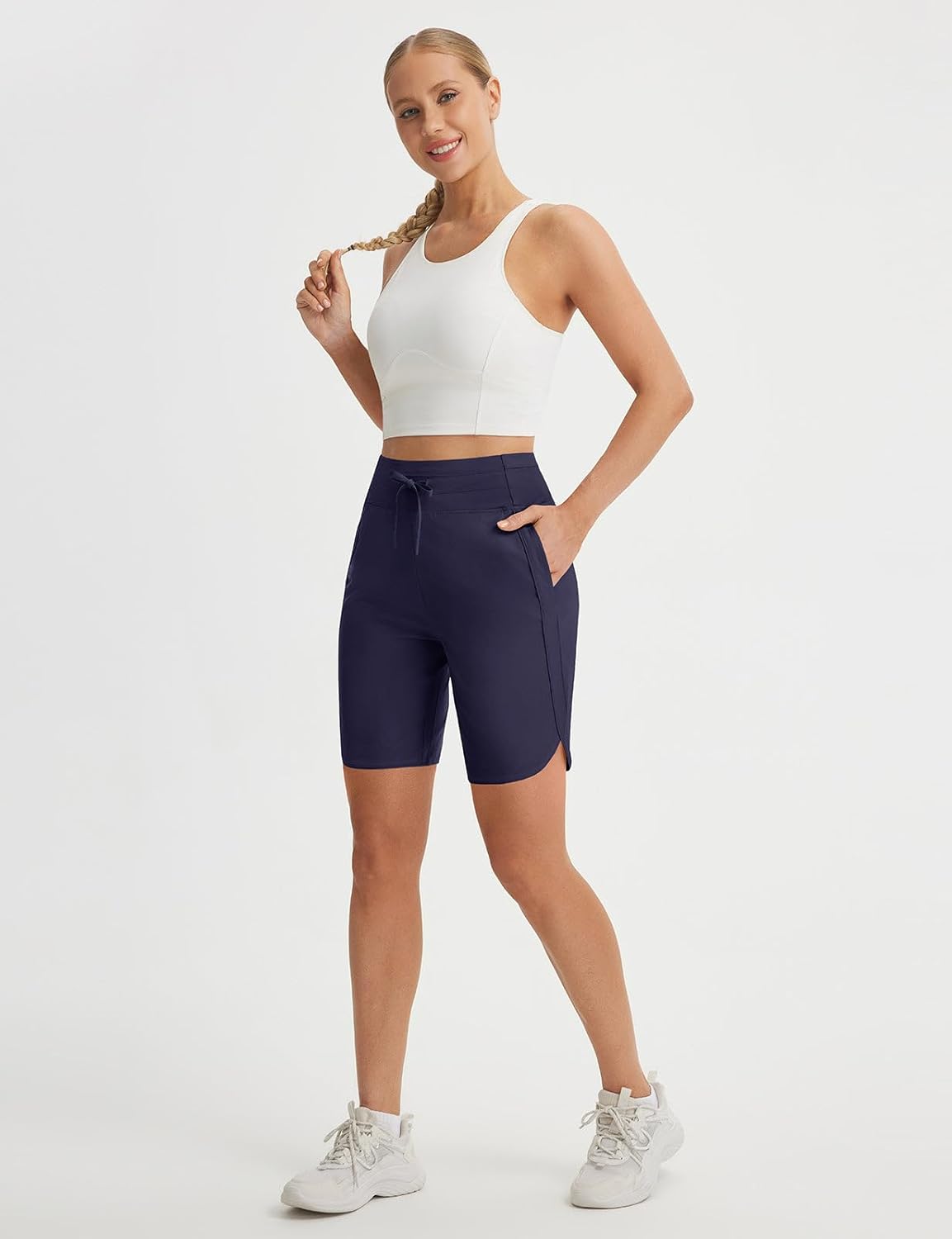 baleaf Women's 9" Bermuda Knee Length Athletic Running Long Shorts with Pockets Quick Dry Shorts High Waisted UPF 50+