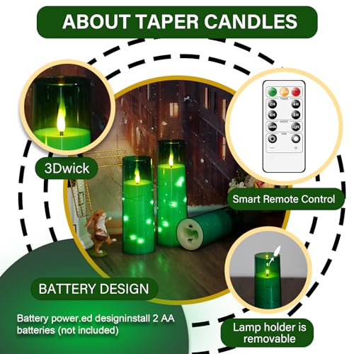 Image of kakoya Flameless LED Candles with Timer 5 Pc Flickering Flameless Candles for Romantic Ambiance and Home Decoration Stable Acrylic Shell,with Embedded Star String,Battery Operated Candles(Green)
