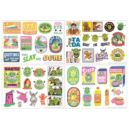 Shrek Tech Lot de 48 autocollants en vinyle réutilisables sur 4 feuilles – Autocollants sous...