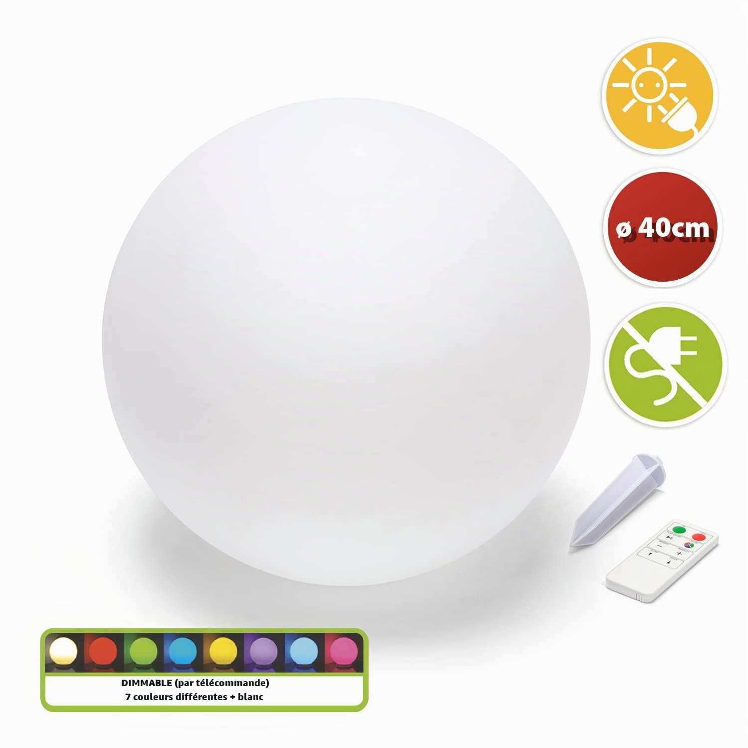 VELAMP Sphère LED RGB rechargeable solaire 40cm. Avec télécommande