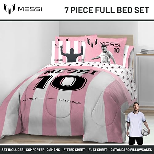 Image of Jay Franco Messi Full Comforter Set 7 Piece Soft Kids Sports Bedding, Pink | Bed in a Bag, Comforter Sheets Shams Pillowcases, Official Product, Soft Microfiber, Machine Washable, Kids Gift