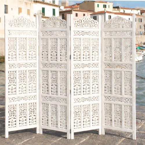 Image of Home & Goods International Foldable Wooden Room Divider Partition - Stylish Privacy Screen for Home, Office, Studio, Salon - Kangra Badrun, White (4 Panel)