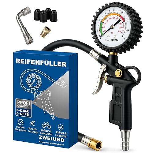 ZWEIUND Reifenfüller mit Manometer 016 bar Reifendruckprüfer mit 45 cm Schlauch & Ablassventil Reifenfüllpistole für Kompressor Auto LKW Motorrad Fahrrad inkl. Adapter Set (ohne Schlauch)