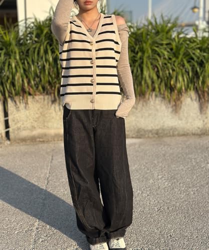 Image of Vest Tops for Women Striped Sweater Vest White Black Striped 2024 Fall Crochet Cropped Button Up Dressy Tank Top Outfits M