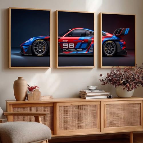 Image of HOMESY Sports Car Framed Posters Gift Items for Boys Room | Wall Decoration for Bedroom Living Room Office Gaming Room Decor | Sports GT3RS Car Poster with Frame for Wall Decor Set Of 3 Size (10x13 inch, BROWN)