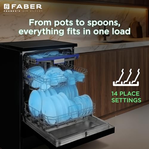 Image of Faber 14 Place Free Standing Dishwasher|8 Wash Programs| LED Display| Adjustable Racks | Auto Power Wash| Child Lock | 2Yr Comprehensive & 10Yr Cavity Warranty |FFSD 8PR 14S, Black Finish