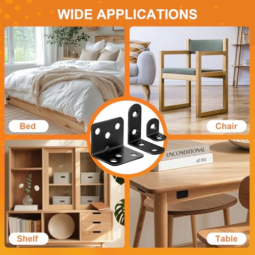 Image of 26 Pack L Bracket Corner Brace Kit, 3 Sizes Stainless Steel L Brackets for Wood Shelves, 90 Degree Right Angle Bracket, Black Metal Corner Brackets for Furniture Cabinet Drawer Chair (with 88 Screws)