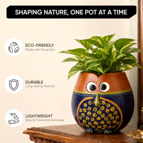 Image of AAKRITI ART CREATIONS Terracotta Planter Pot | Brown & Blue Earthen Design, Modern Art, Matte Finish | Decorative Plant Pot for Indoor & Outdoor Home Decor