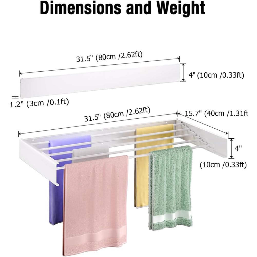 Séchoir à Linge Extensible 80 cm Peu Encombrant Pliable pour Suspendre des Vêtements, Séchoir à Linge Mural pour l'intérieur, Salle de bain, Balcon