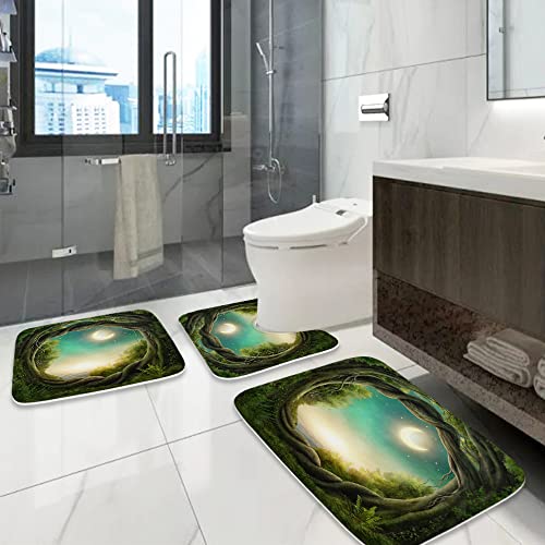 Forest verzauberter Baum, Mondnacht-Landschaft, Badezimmerteppiche und Matten-Set, 3-teilig, Memory-Schaum, rutschfest, saugfähig, U-förmige Kontur-Duschmatte, Samt-WC-Deckelbezug, waschbar – Bild 5
