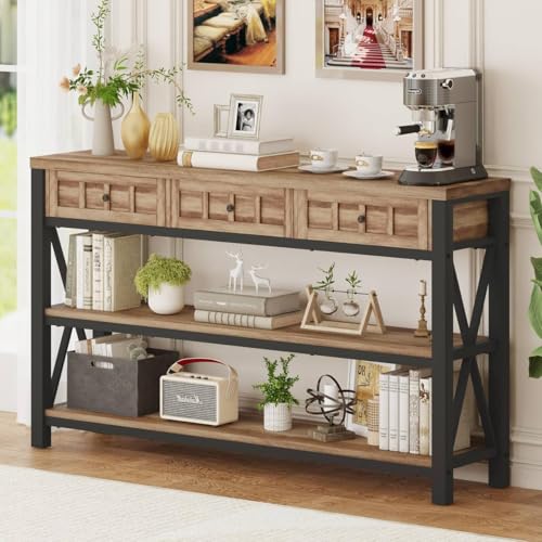FATORRI Console Table for Entryway, Rustic Sofa Table with 3 Drawers for Living Room, Farmhouse Hallway Tables with Storage and Couch Tables Behind Sofa (54.72 Inch Long, Rustic Oak)