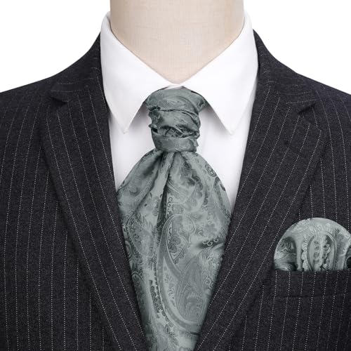 Image of HISDERN Ascot Ties for Men Paisley Floral Ascot and Pocket Square Set Classic Self Tie Mens Cravat Handkerchief for Wedding