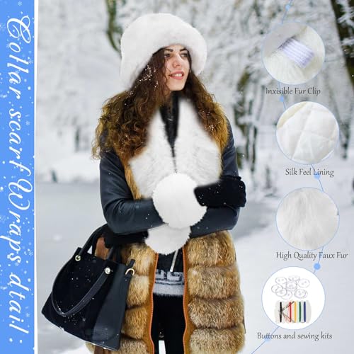 Winter Faux Fur Collar Scarf Wrap Winter Fuzzy Bucket Hat Ear Muffs Foldable Faux Fur Wrist Cuffs Set for Women3