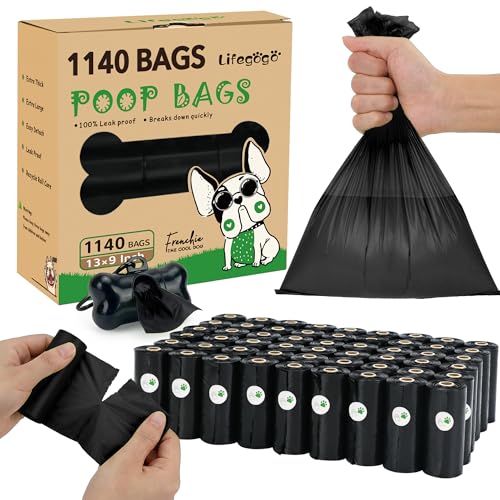 Dog Poo Bags Rolls Dog Poop Bags with Dispenser, Unscented Extra Thick Strong Leak Proof Dog Waste Bags, Black - 57 Rolls 1140 Counts