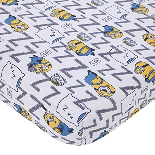 Image of Illimuniation Lazy Minions Club Gray, Blue, Yellow, and White Let Me Sleep 4 Piece Toddler Bed Set - Comforter, Fitted Bottom Sheet, Flat Top Sheet, and Reversible Pillowcase