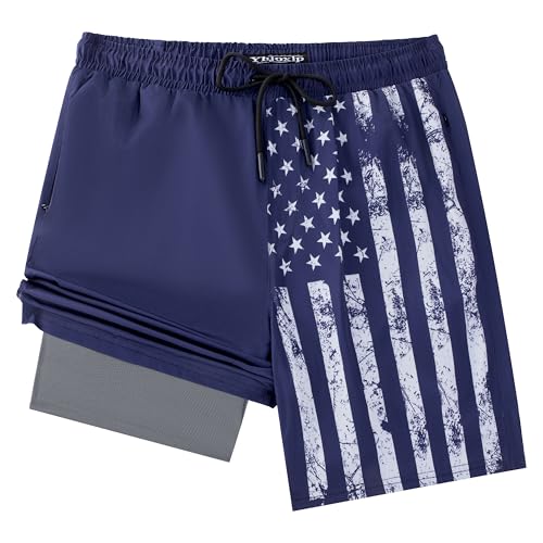 Image of Men's Swim Trunks with Compresssion Liner 7 inch Swimwear Board Shorts 2-in-1 Bathing Suits with Zipper Pockets