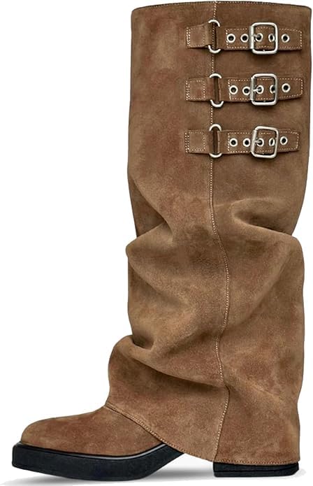 Image of MAVMAX Women Slouchy Knee High Boots Casual Round Toe Pull On Riding Biker Boots Fold Over Chunky Low Heel Platform Boot