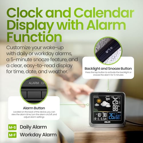 BALDR Home Weather Station Clock - Indoor Outdoor Thermometer Wireless with Weather Forecast, Barometer & Moon Phase Display - Accurate Temperature Humidity Monitor Weather Stations Wireless