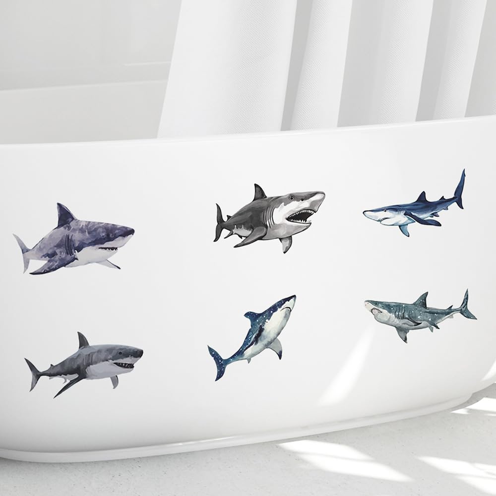 6Pcs Shark Oceans Bathtub Toilet Stickers Decals,Fish Bird Flower Leaf Waterproof Bathtub Lid Tank Seat Decals Cistern Self-Adhesive Bathroom Wall Sticker