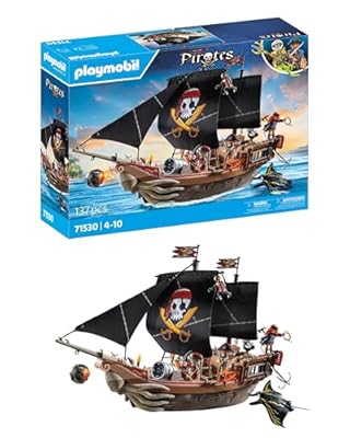 PLAYMOBIL Pirates 71530 Gran Barco Pirata emocionante Batalla Naval y búsqueda Secreta de Tesoros en Alta mar Incluyendo cañones proyectiles y Ancla Juguetes para niños a Partir de 4 años